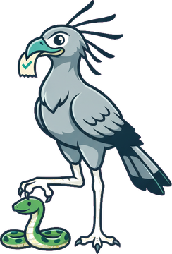 cartoon secretary bird holding a receipt with a check mark, one foot on a snake
